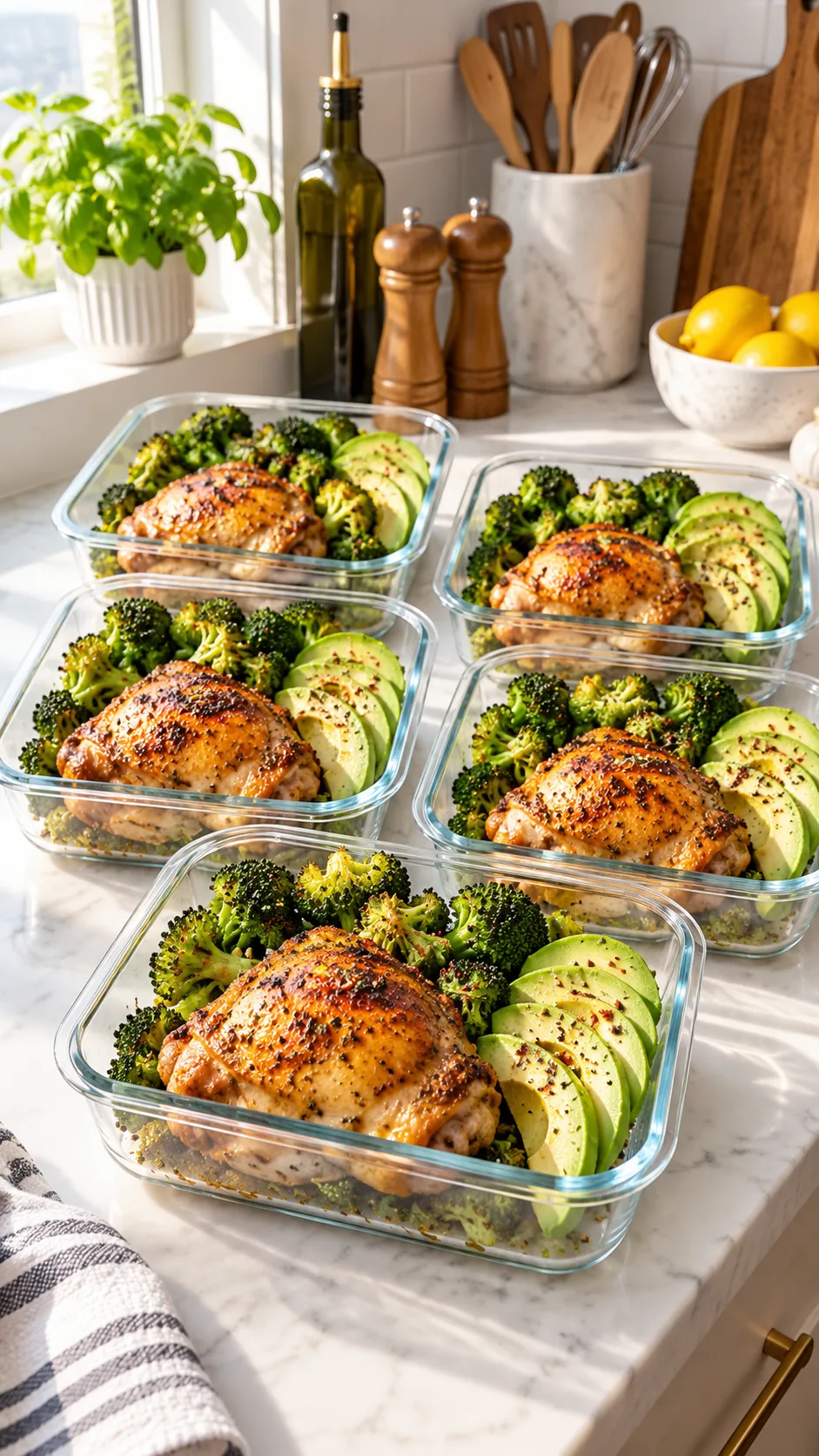A clean kitchen counter showing 5 glass meal prep containers filled with roasted chicken thighs, bright green broccoli florets, and sliced avocado, captured in bright natural morning light with kitchen utensils in the background