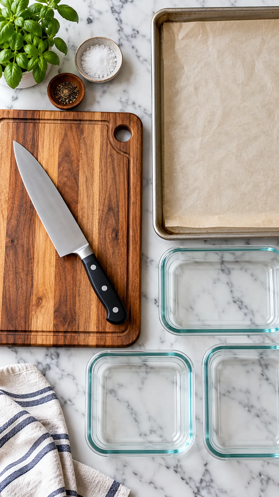 Top-down flat lay view of meal prep tools on a marble countertop including a large chef knife, wooden cutting board, lined baking sheet, and empty glass food containers