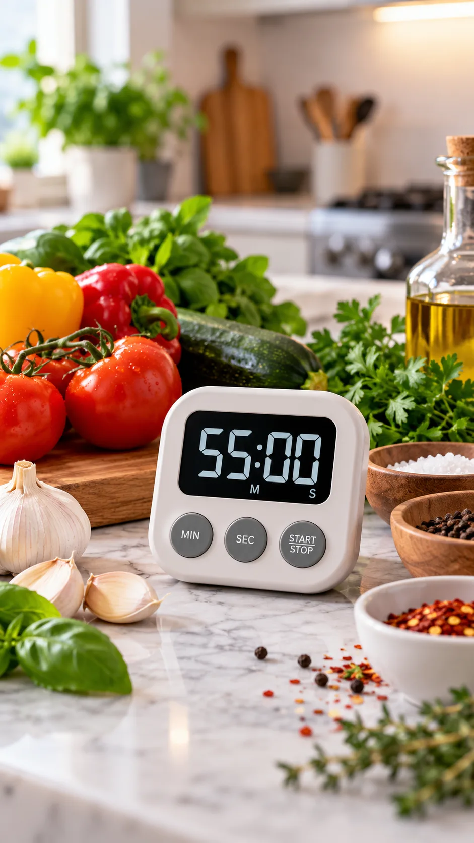 A digital kitchen timer displaying 55 minutes sitting next to fresh vegetables and spices on a kitchen island