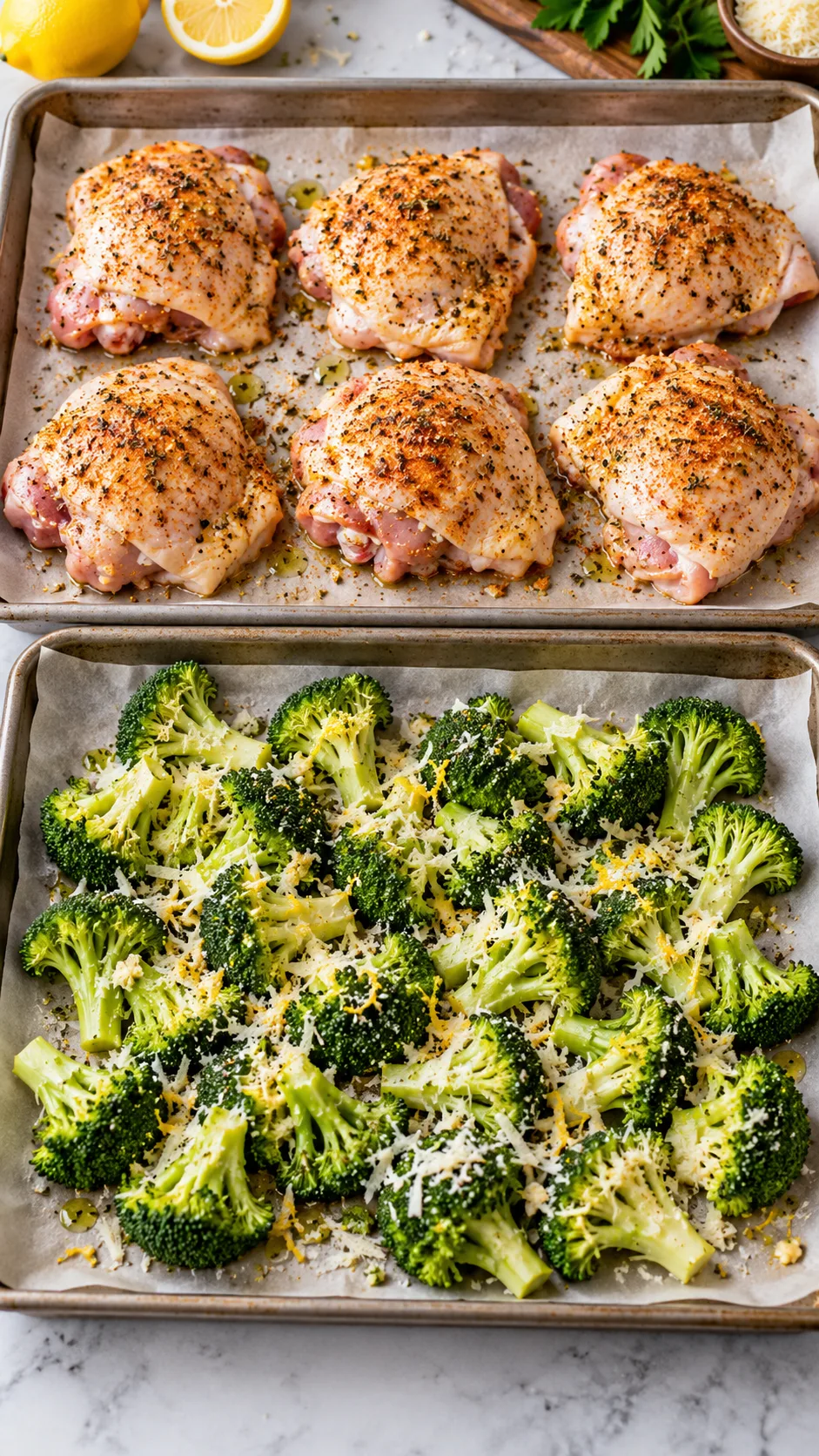 Raw seasoned chicken thighs and lemon parmesan broccoli florets arranged neatly on parchment-lined sheet pans ready for roasting