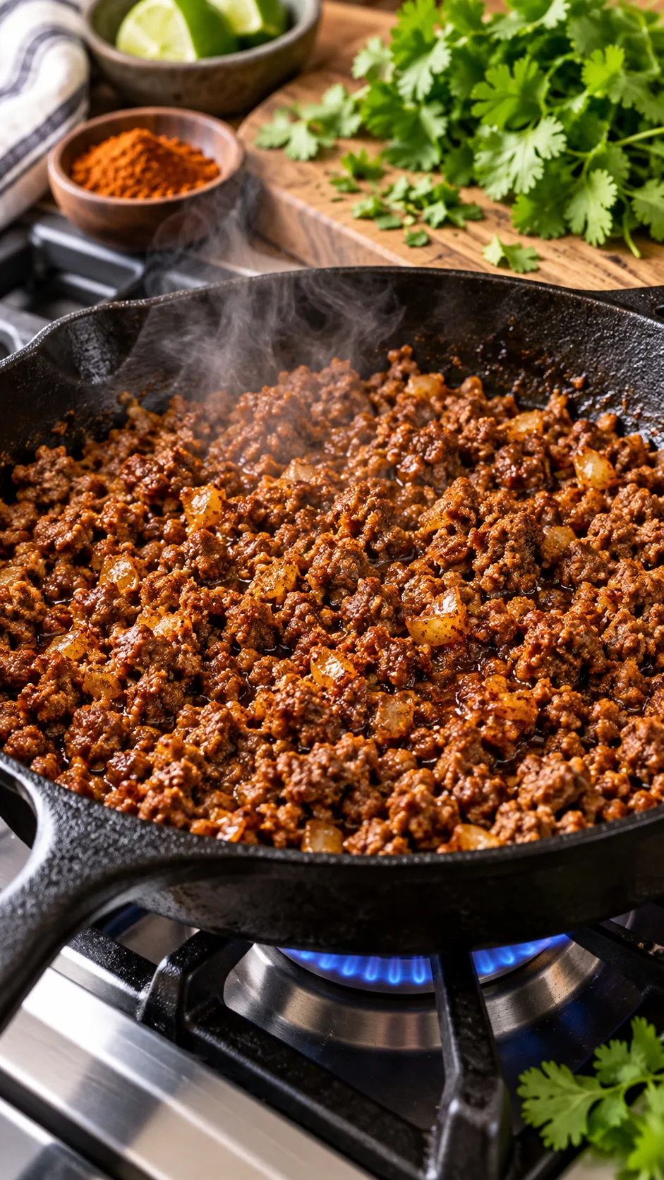 Sizzling taco-seasoned ground beef cooking in a heavy black cast iron skillet on a gas range with fresh cilantro nearby