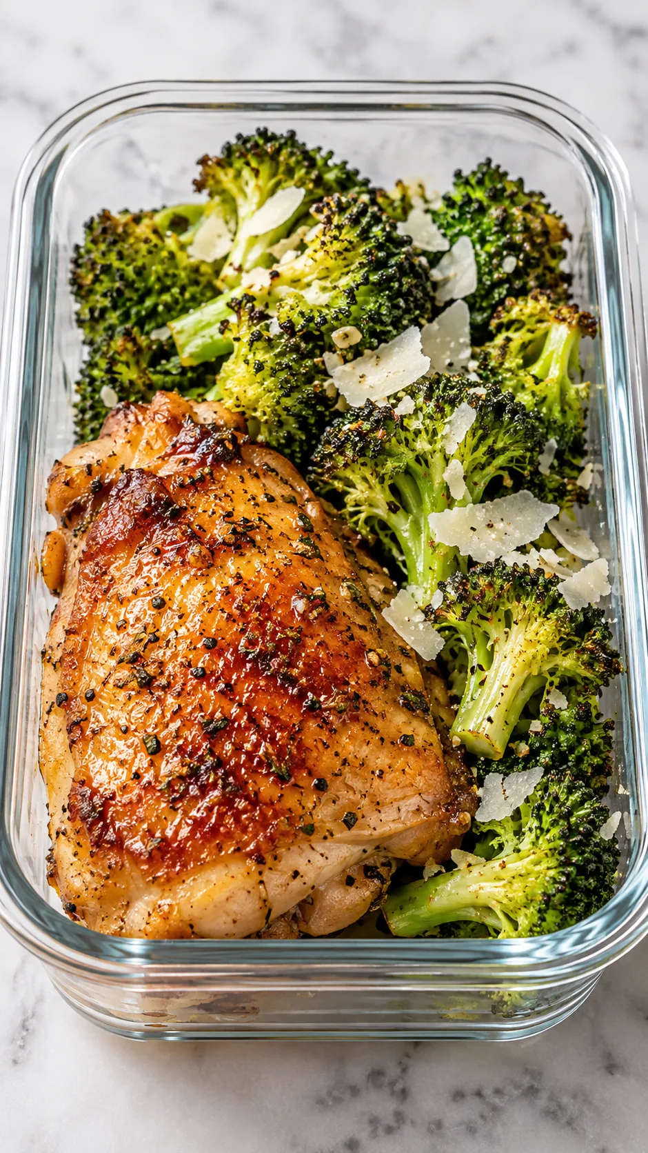 A single glass meal prep container containing a golden brown roasted chicken thigh beside bright green roasted broccoli garnished with parmesan flakes