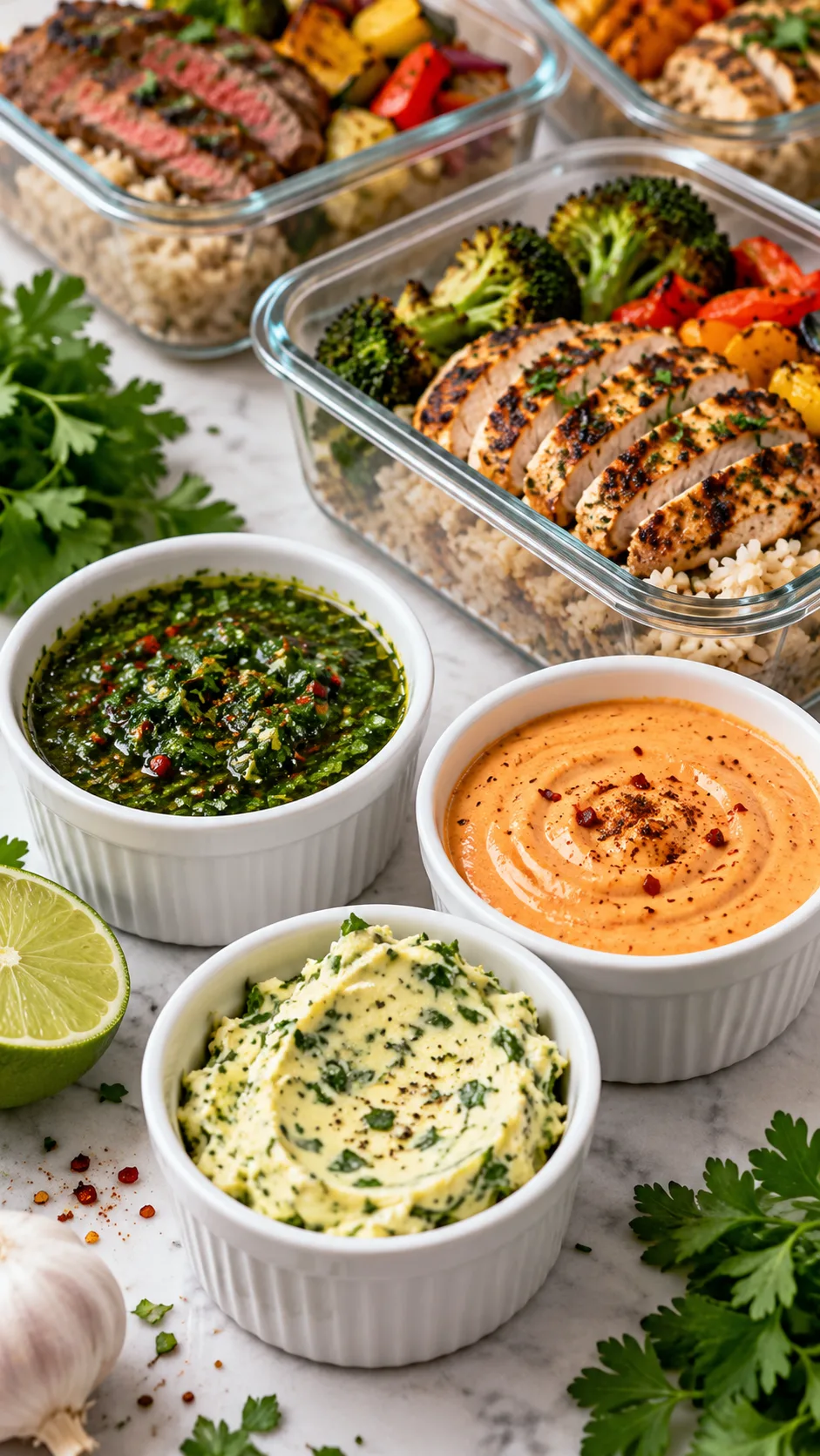 Three small white ceramic ramekins holding chimichurri sauce, chipotle crema, and herb butter displayed next to meal prep containers