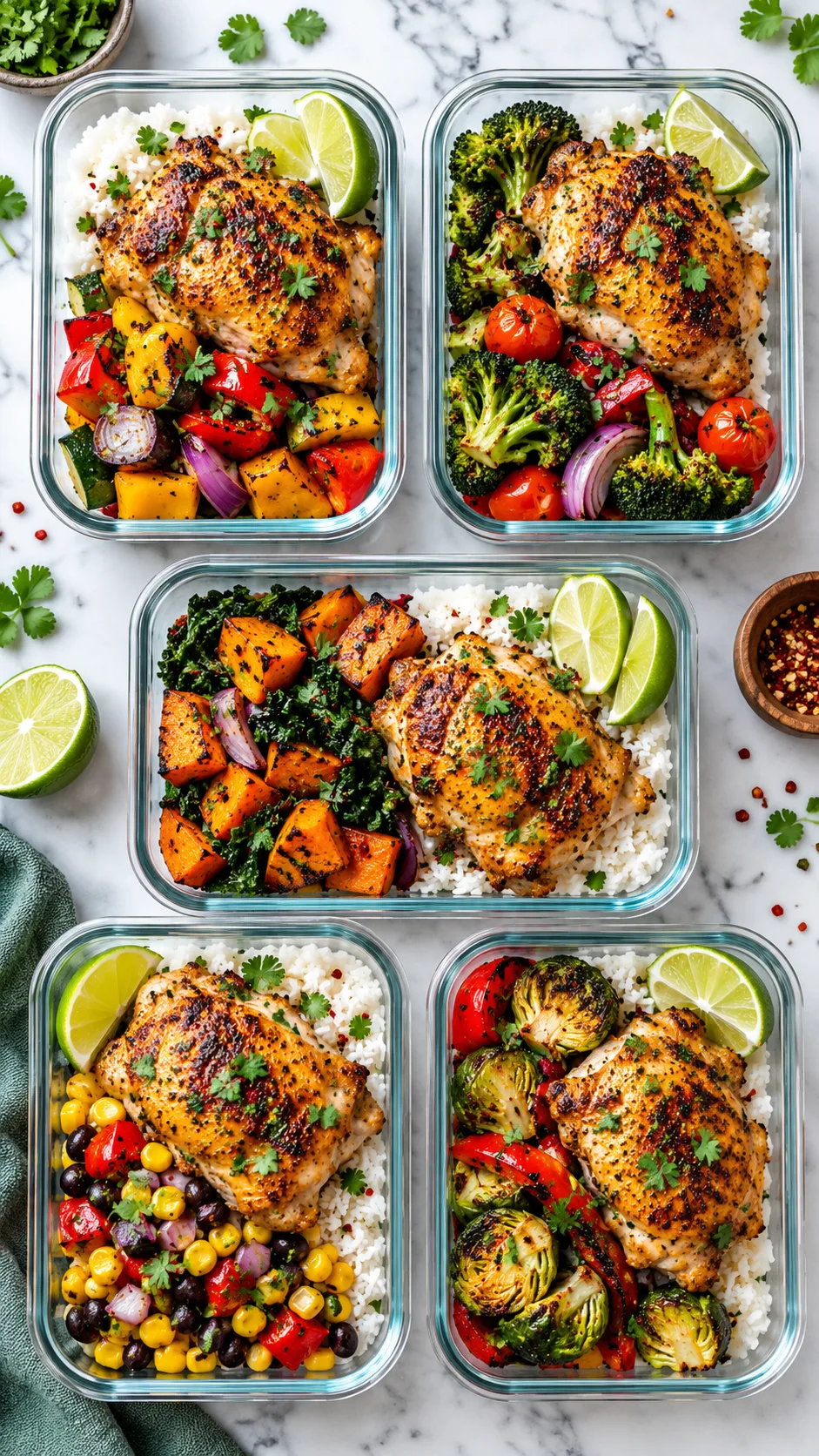 Overhead shot of five modern glass meal prep containers filled with vibrant, colorful high protein chicken dinners, featuring seared golden chicken thighs, lime wedges, roasted vegetables, and fluffy jasmine rice on a bright marble countertop.