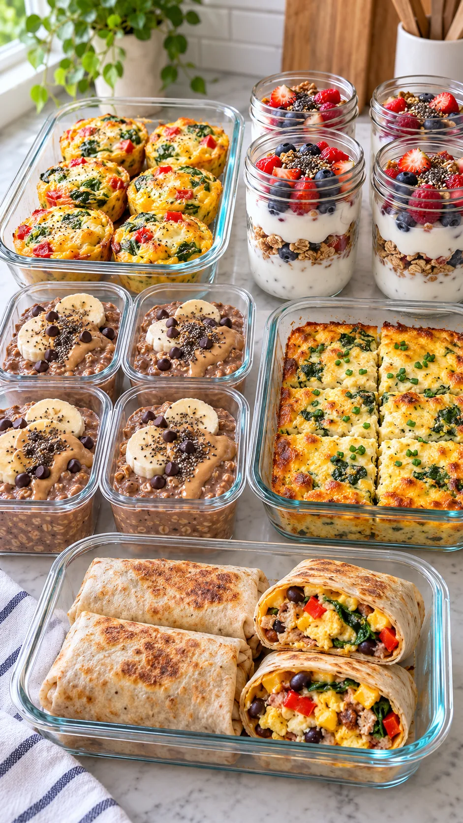 Bright realistic food photography of five meal prep breakfast containers on a clean kitchen counter, including egg muffin cups, Greek yogurt berry jars, protein oats, cottage cheese egg bake, and breakfast burritos, natural morning light, high protein low calorie breakfast meal prep theme