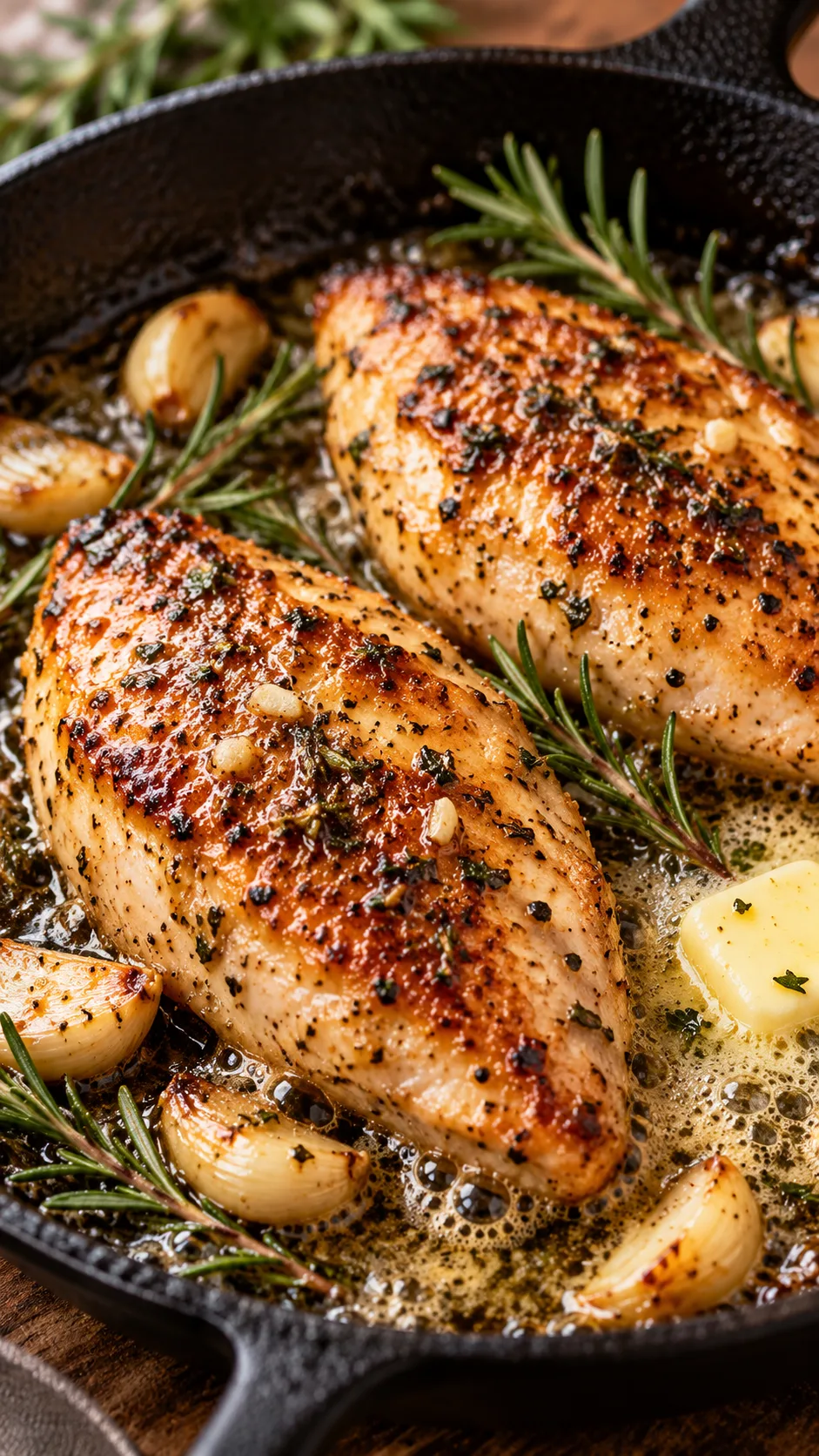 Close up shot of golden seared chicken breasts bubbling in a cast iron skillet with garlic cloves, fresh rosemary, and melting grass-fed butter, high-end food magazine photography style.