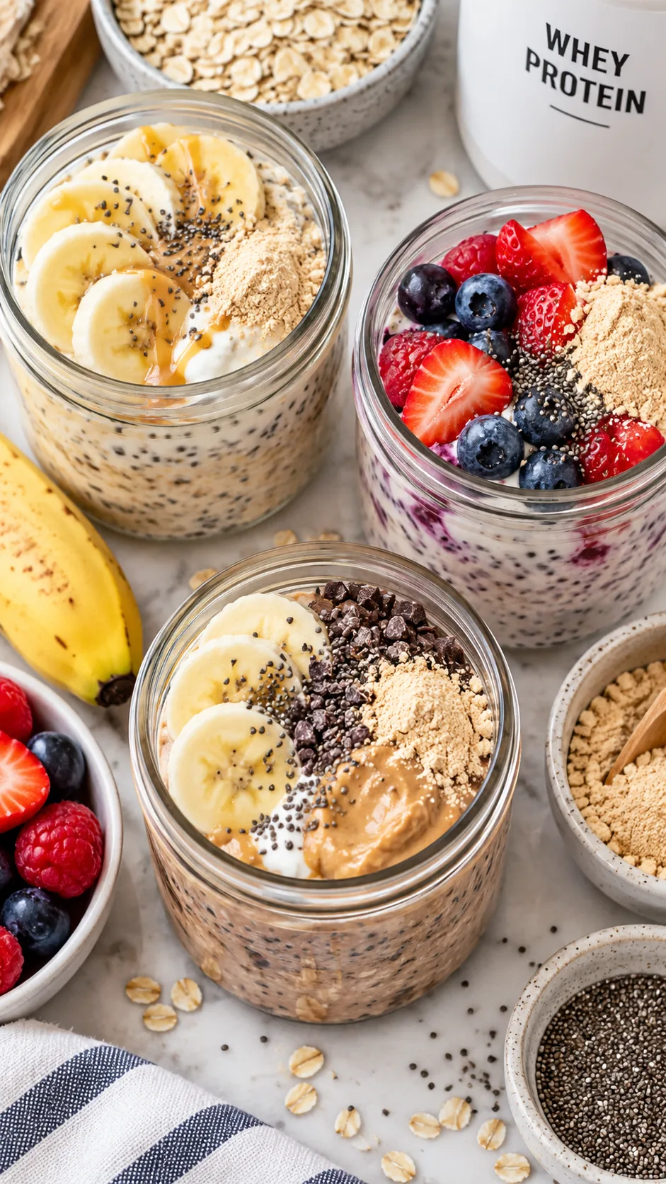 Close-up realistic overhead food photography of meal prep overnight oats in glass jars with Greek yogurt, protein powder, chia seeds, sliced banana, berries, and powdered peanut butter, clean bright home kitchen setting