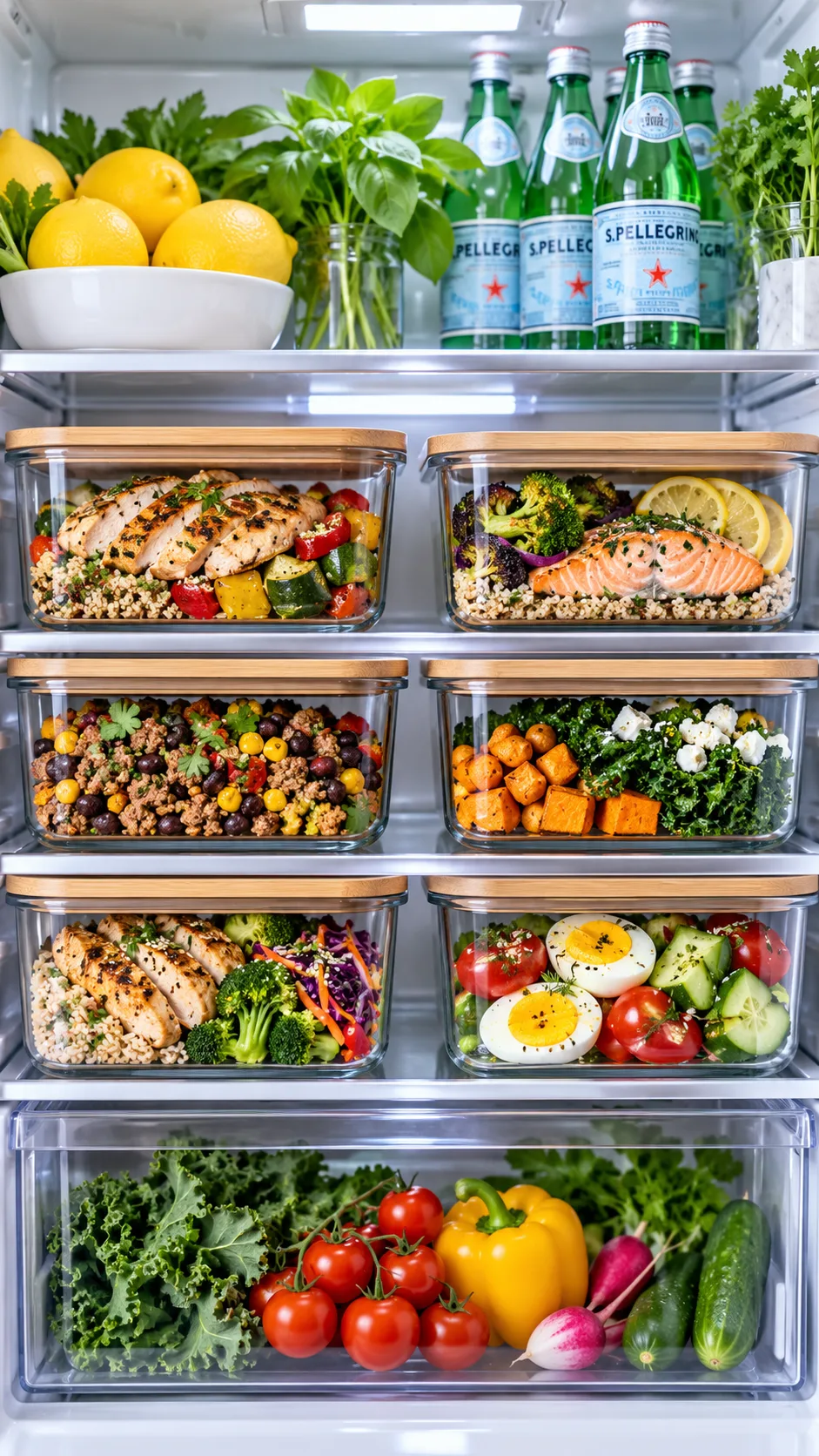 Neatly organized refrigerator shelves displaying airtight glass containers filled with colorful cooked high protein meals, with fresh lemons, herbs, and sparkling water bottles in the background.