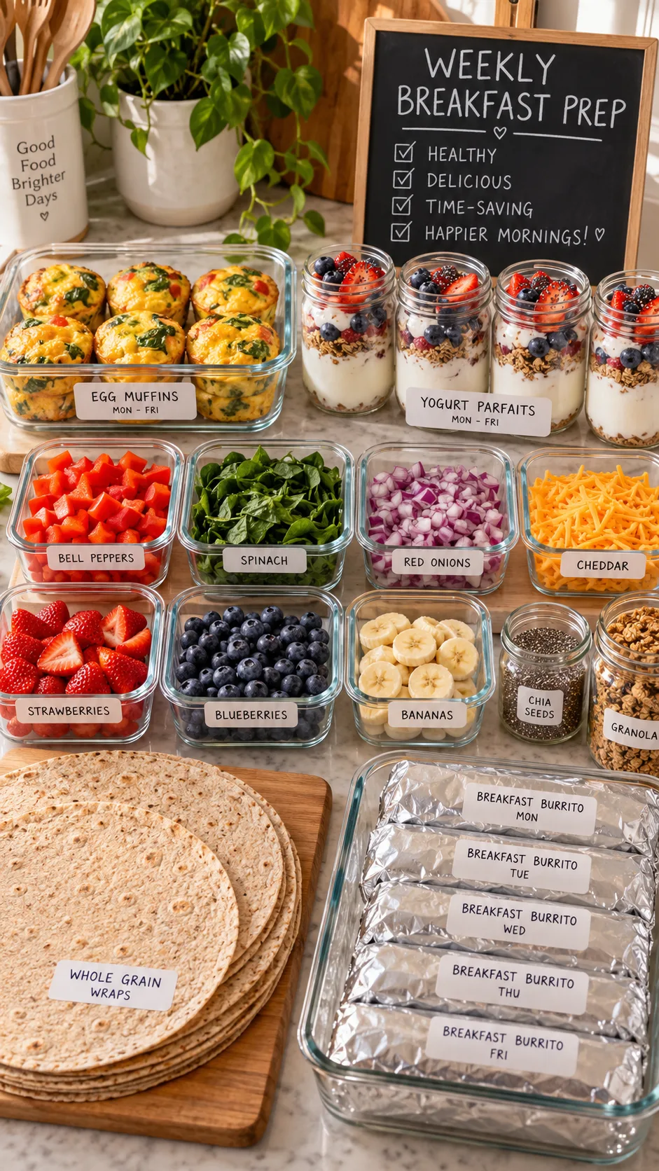 Realistic overhead meal prep scene showing a weekly breakfast preparation station with labelled glass containers, cooked egg muffins, yogurt jars, chopped vegetables, berries, whole grain wraps, and freezer burritos, warm natural kitchen light