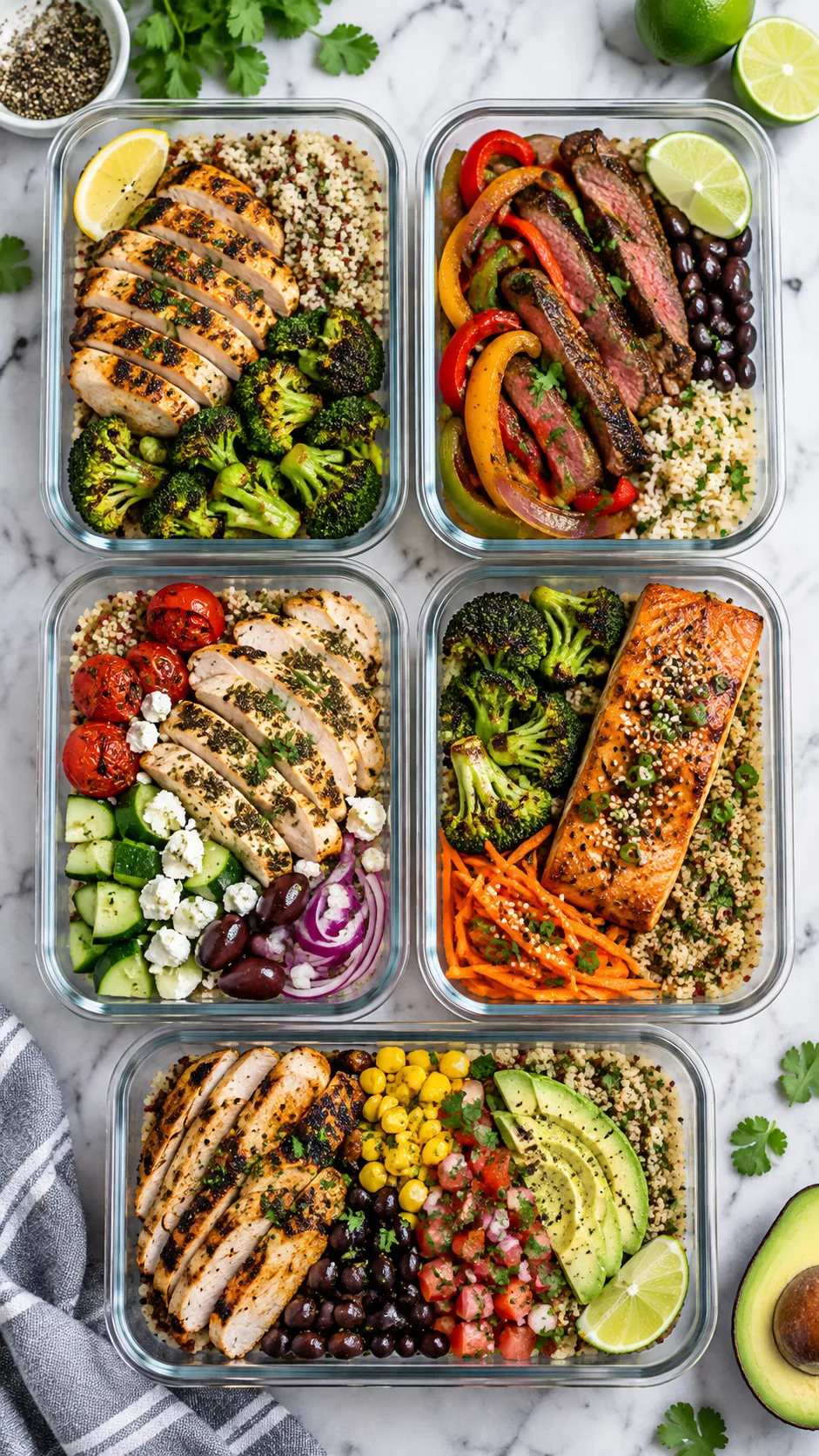 Overhead flat lay of five glass meal prep containers filled with colourful high-protein meals: grilled chicken, quinoa, roasted broccoli, and steak fajitas on a modern marble countertop