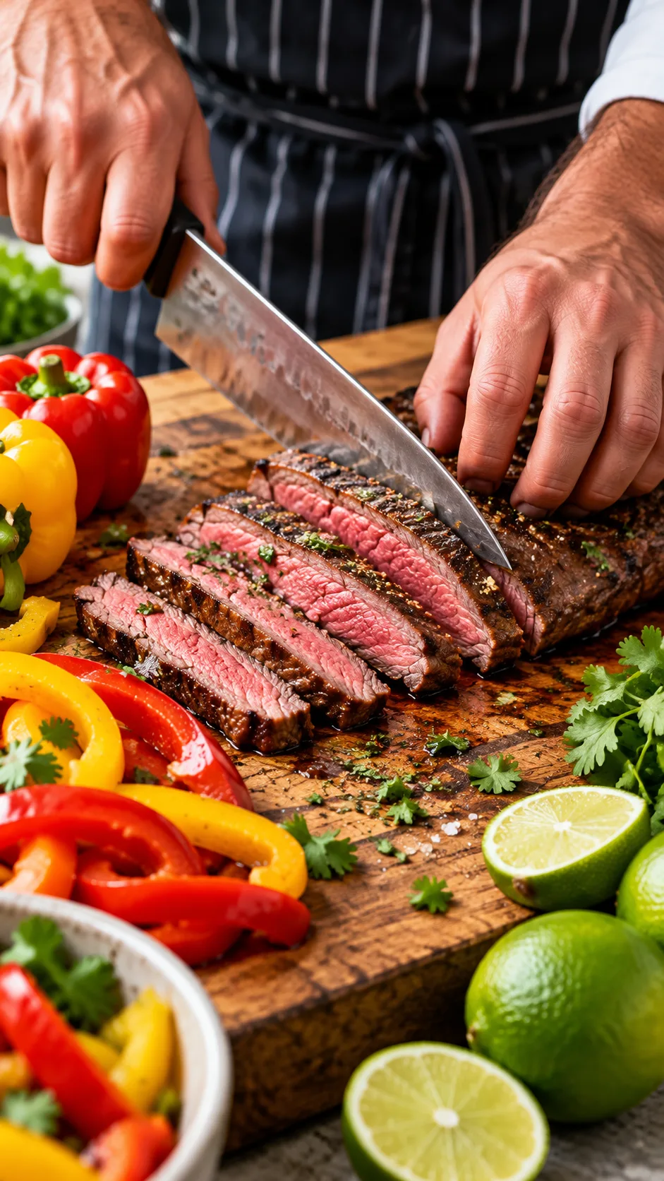 Close-up of a chef cutting lean flank steak on a wooden cutting board with colourful bell peppers and limes surrounding it