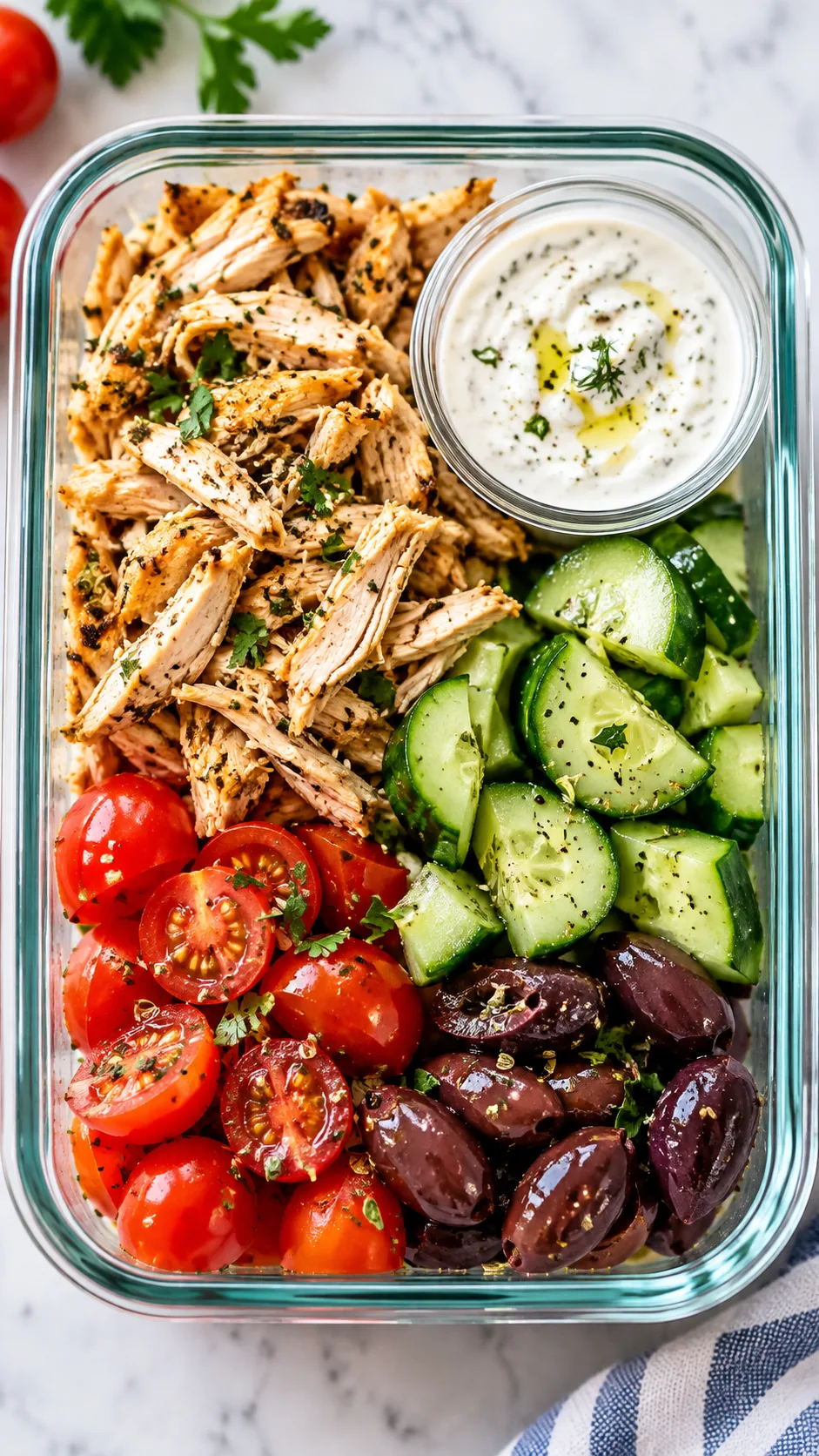 Glass meal prep container holding shredded chicken, cucumbers, cherry tomatoes, kalamata olives, and a small container of white garlic sauce