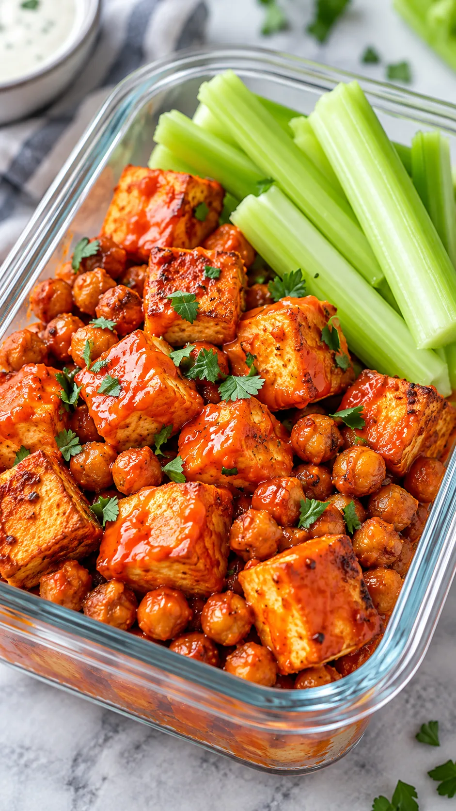 Crispy roasted buffalo tofu cubes and chickpeas tossed in bright red hot sauce served in a glass lunch container with celery sticks