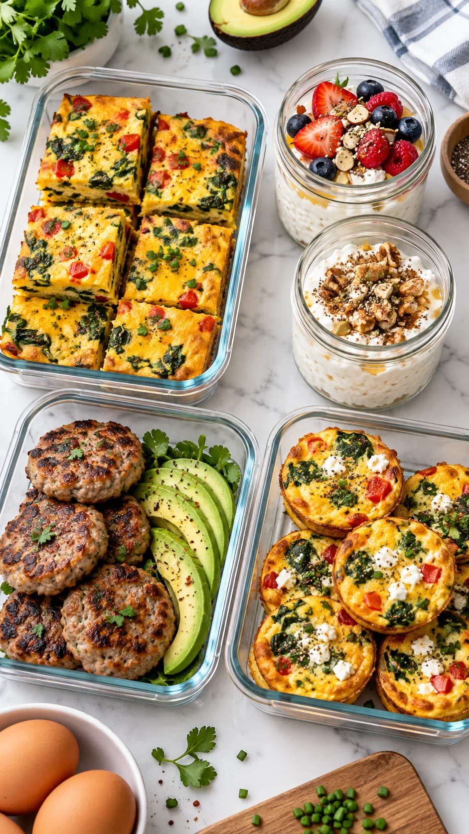 A beautifully styled flat-lay photograph of five glass meal prep containers filled with various colorful high-protein low-carb breakfasts: egg frittata squares, savory sausage patties with avocado, and whipped cottage cheese jars, set on a modern white marble kitchen counter.