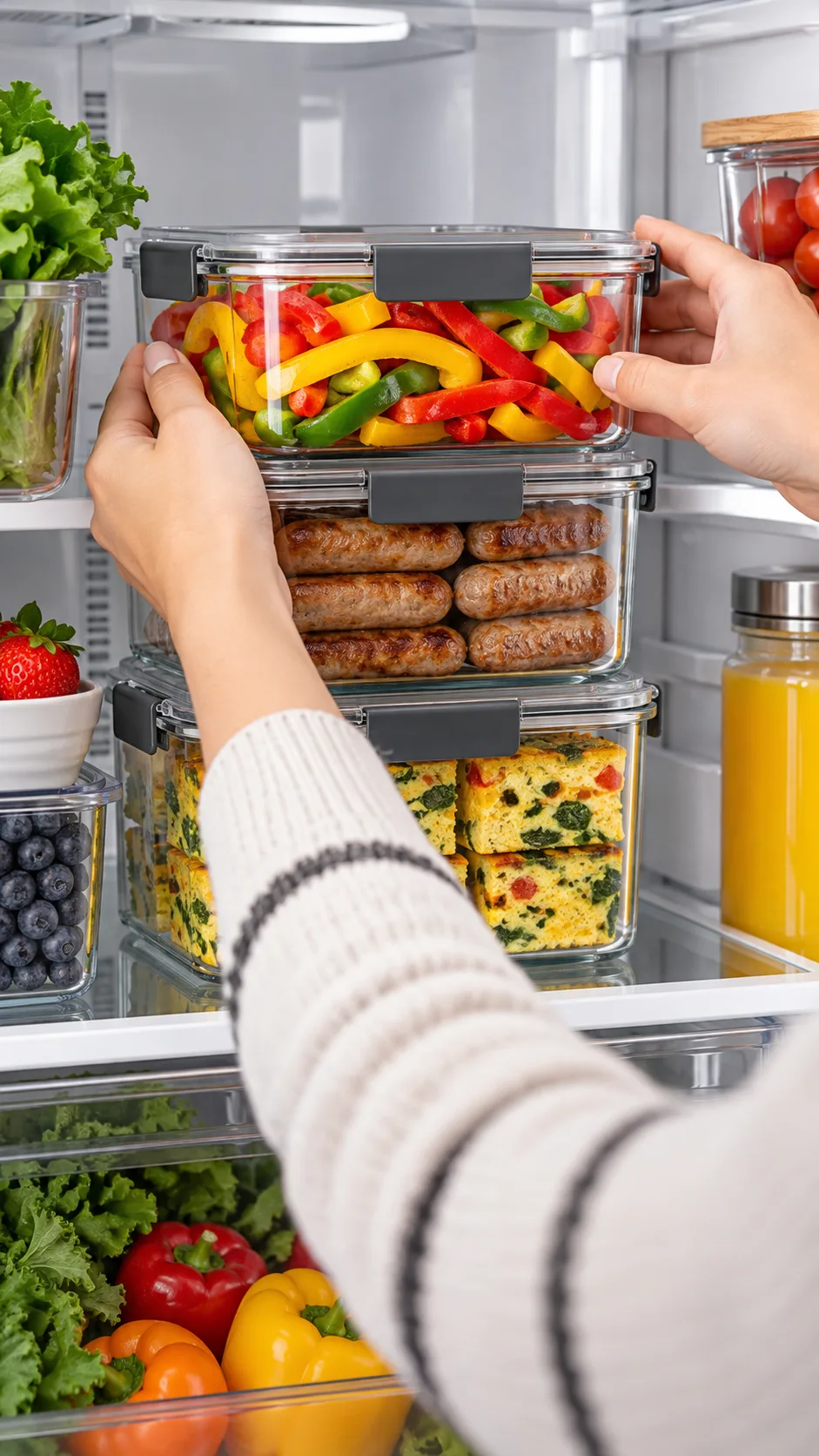 A close-up shot of hands neatly organizing stackable glass meal prep containers in a clean, modern refrigerator, showing colorful sliced bell peppers, cooked breakfast sausages, and portioned frittata squares.