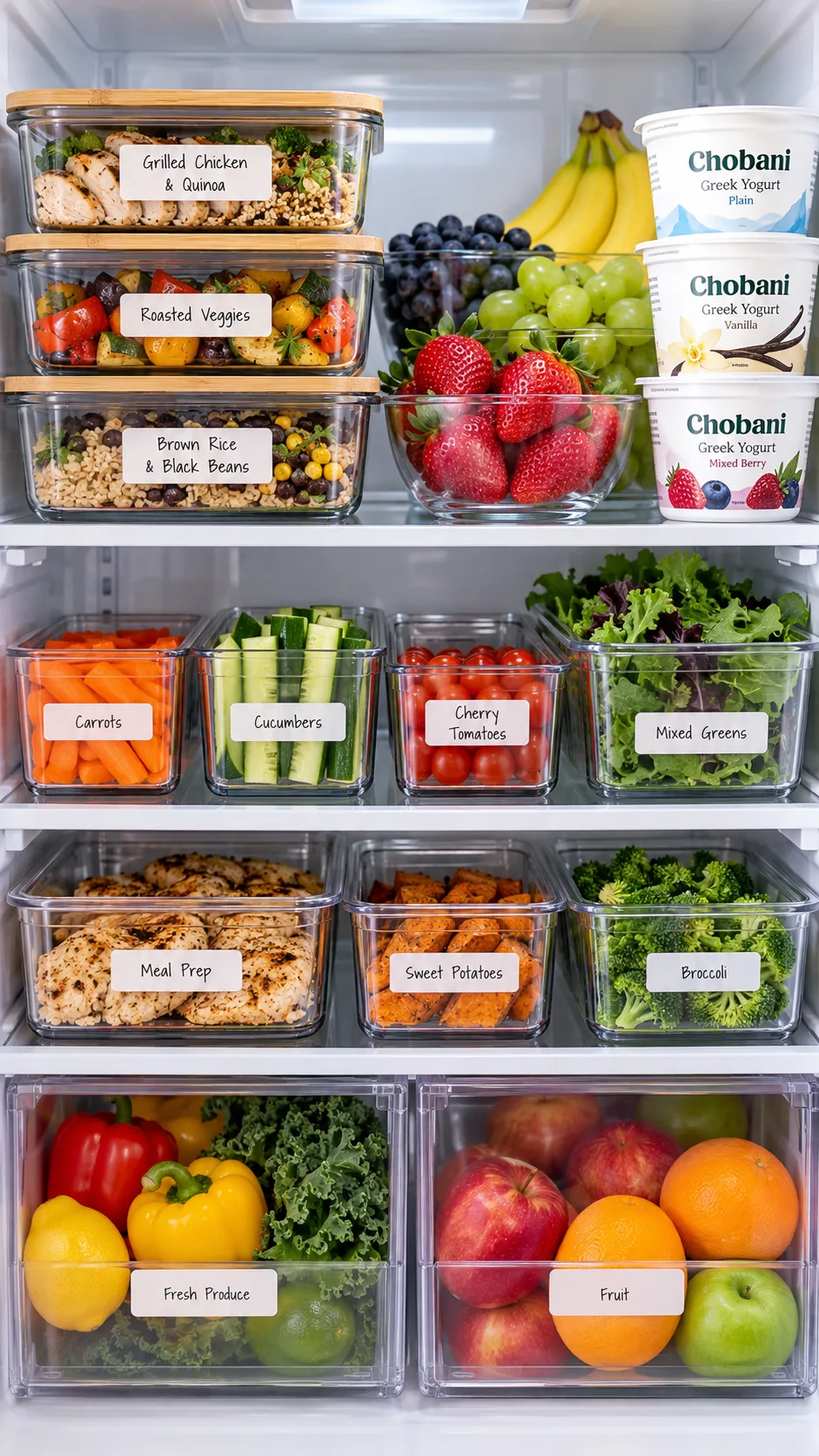 Neatly arranged refrigerator interior displaying labeled glass meal containers on the top shelf alongside fresh fruit and Greek yogurt tubs