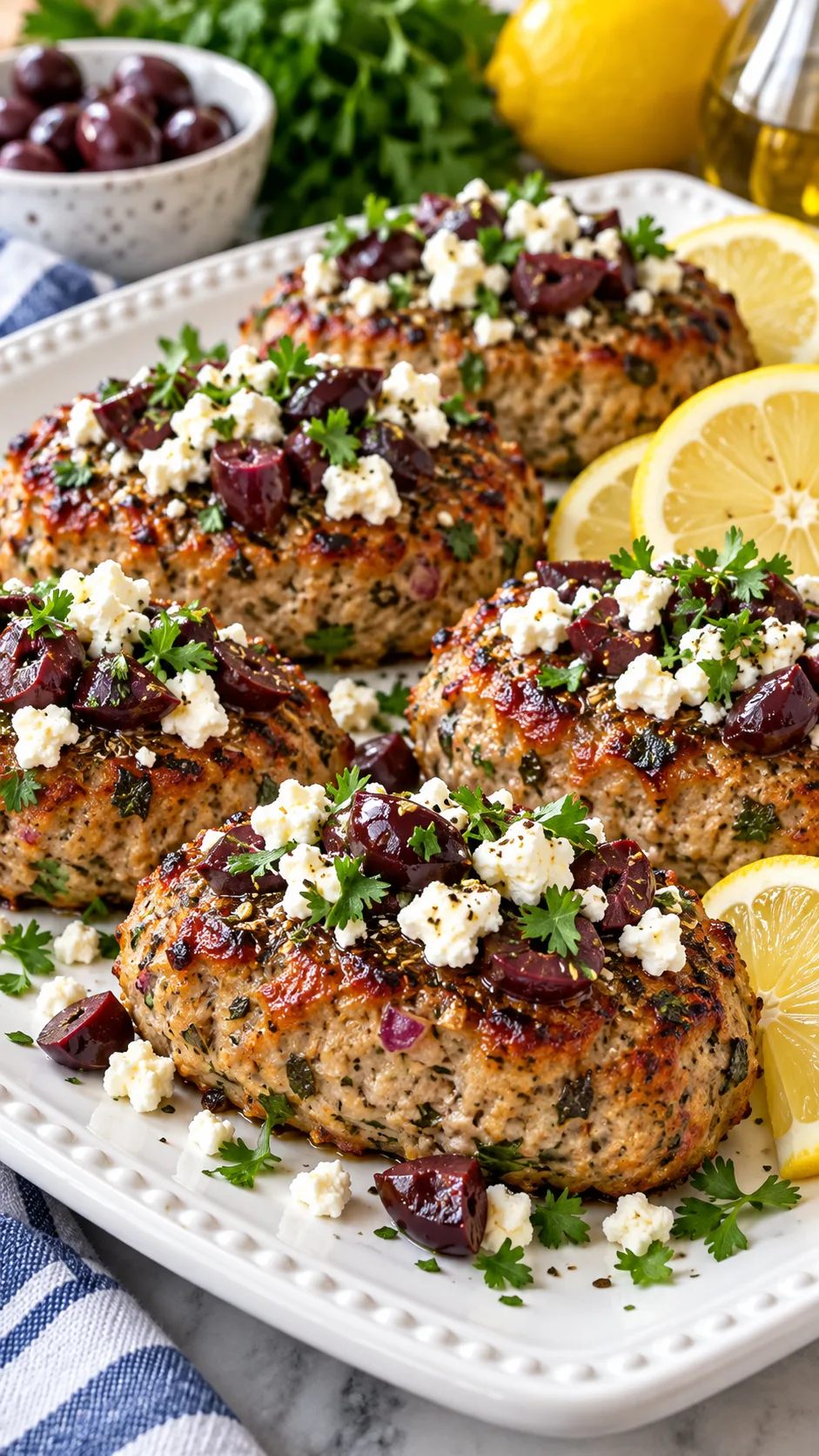 Savory baked Mediterranean mini turkey loaves garnished with crumbled white feta cheese, chopped kalamata olives, and fresh parsley, resting on a white ceramic serving plate next to sliced lemons.