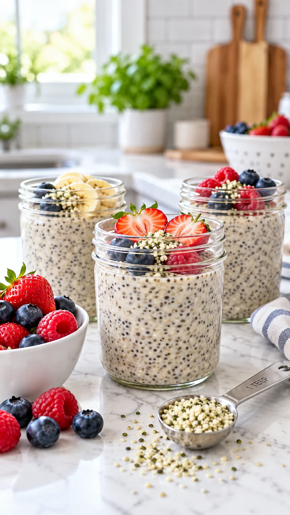 A bright modern kitchen counter showing clear glass jars of meal prepped overnight hemp chia seed pudding alongside fresh berries and a clean stainless steel measuring spoon.