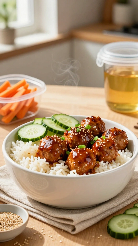 Honey Sriracha Glazed Meatballs with Jasmine Rice