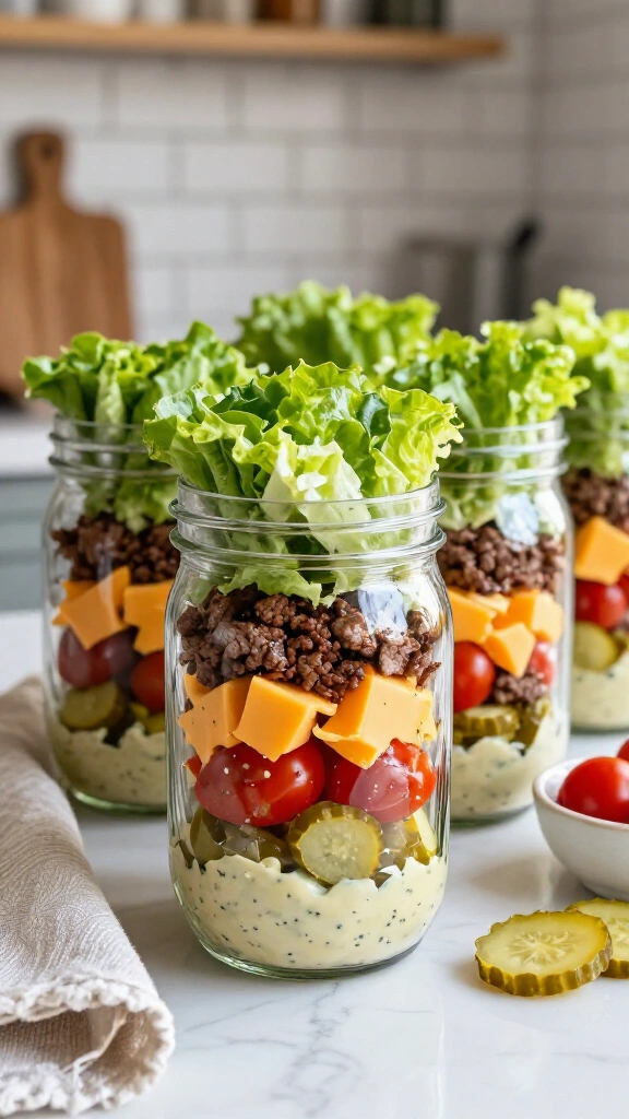 Low-Carb Cheeseburger Salad Jars