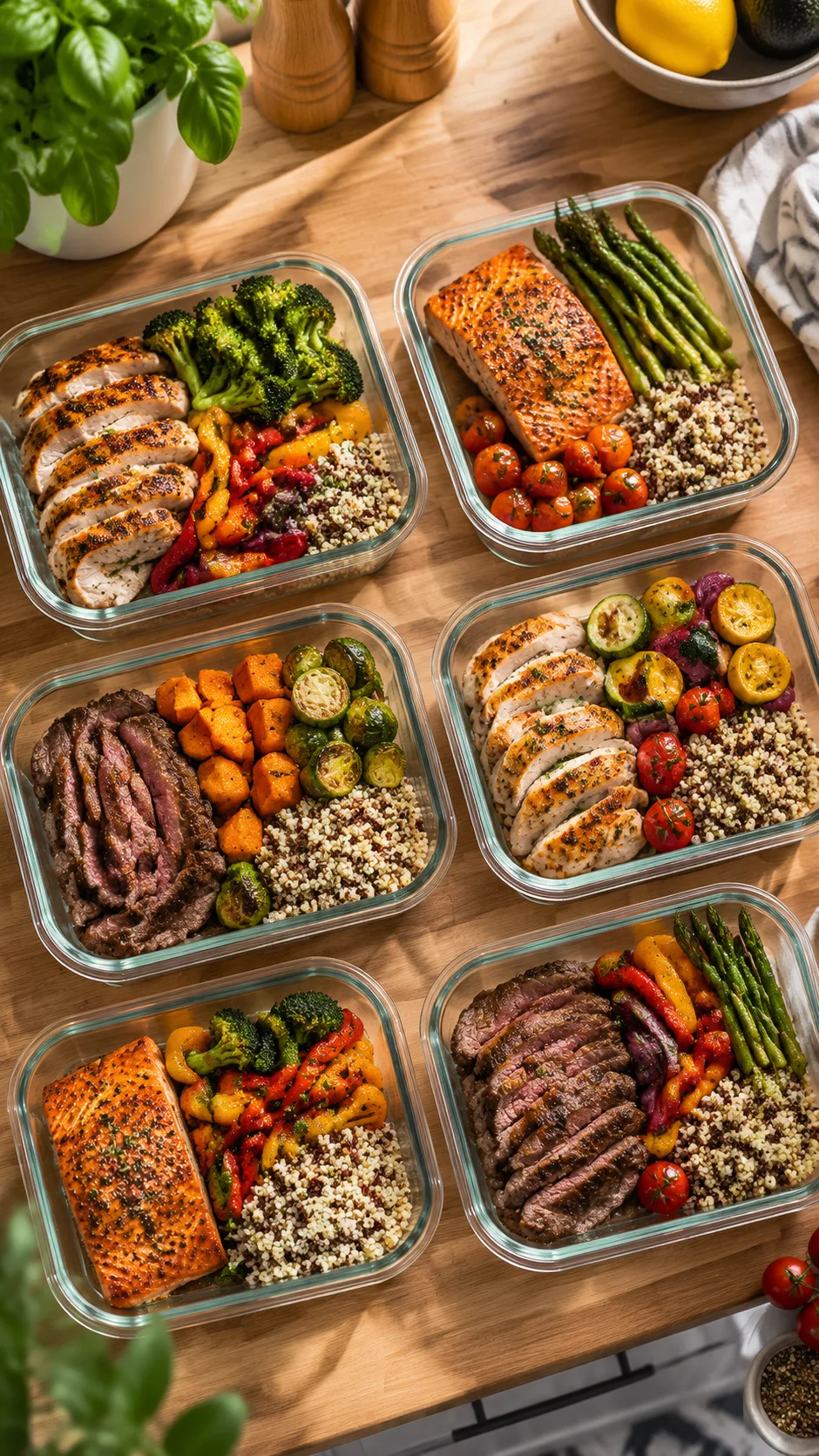 Overhead aesthetic shot of vibrant glass meal prep containers filled with colorful roasted vegetables, quinoa, and seasoned grilled meats lined up on a modern wooden kitchen counter
