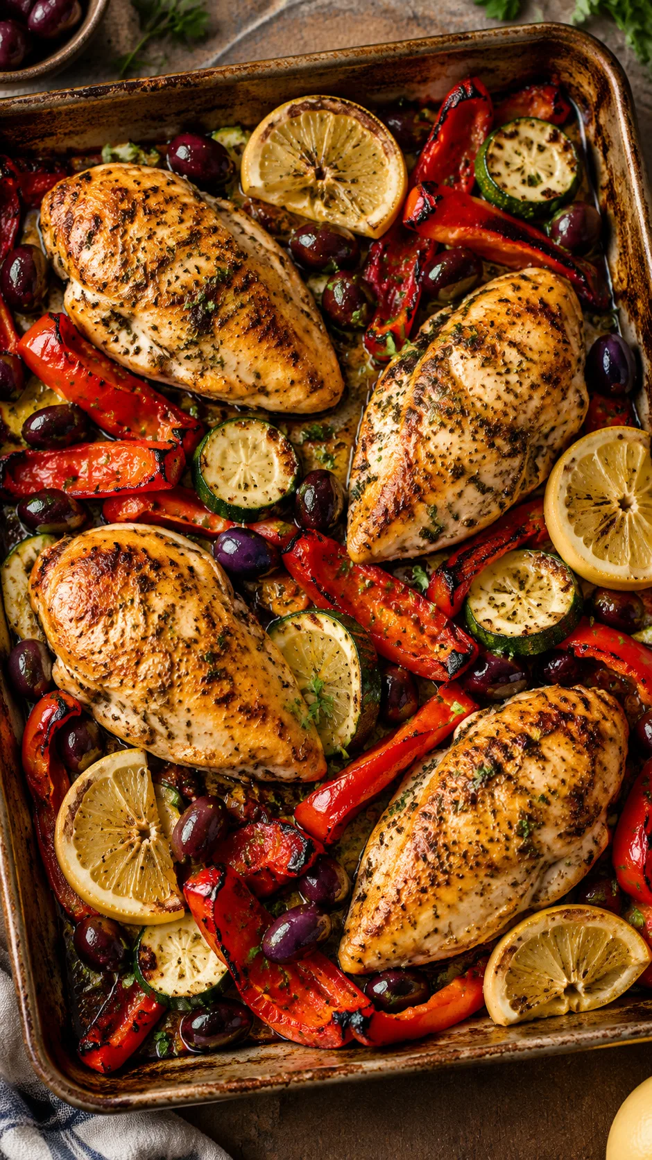 A rustic baking sheet fresh out of the oven loaded with golden roasted chicken breasts, charred red peppers, zucchini rounds, kalamata olives, and fresh lemon slices
