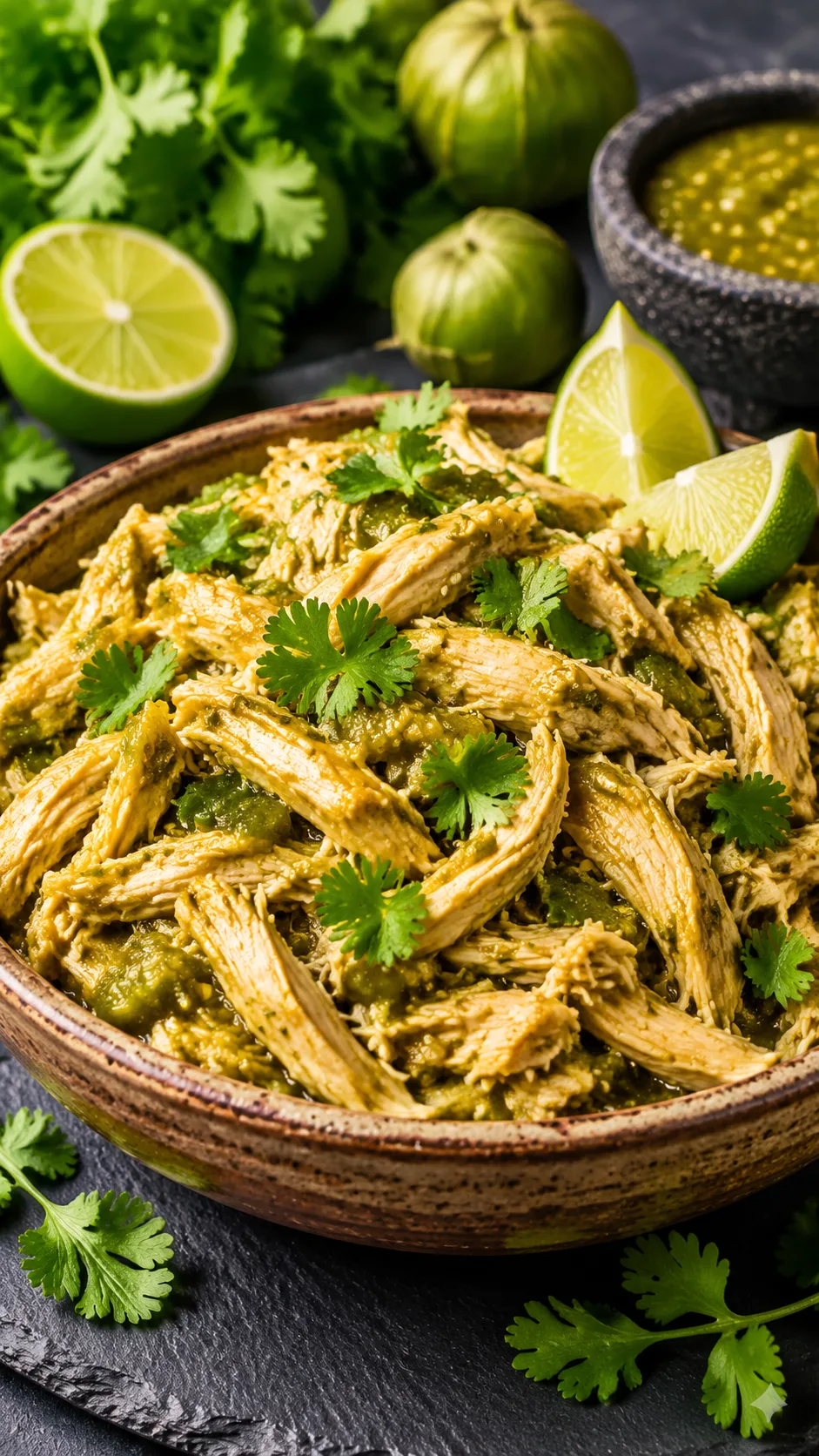 Shredded tender salsa verde chicken in a rustic bowl garnished with fresh cilantro sprigs and lime wedges on dark slate