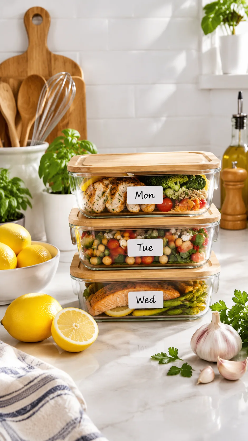 A clean kitchen counter showing three organized glass meal containers labeled by day, surrounded by fresh lemons, garlic, and kitchen utensils