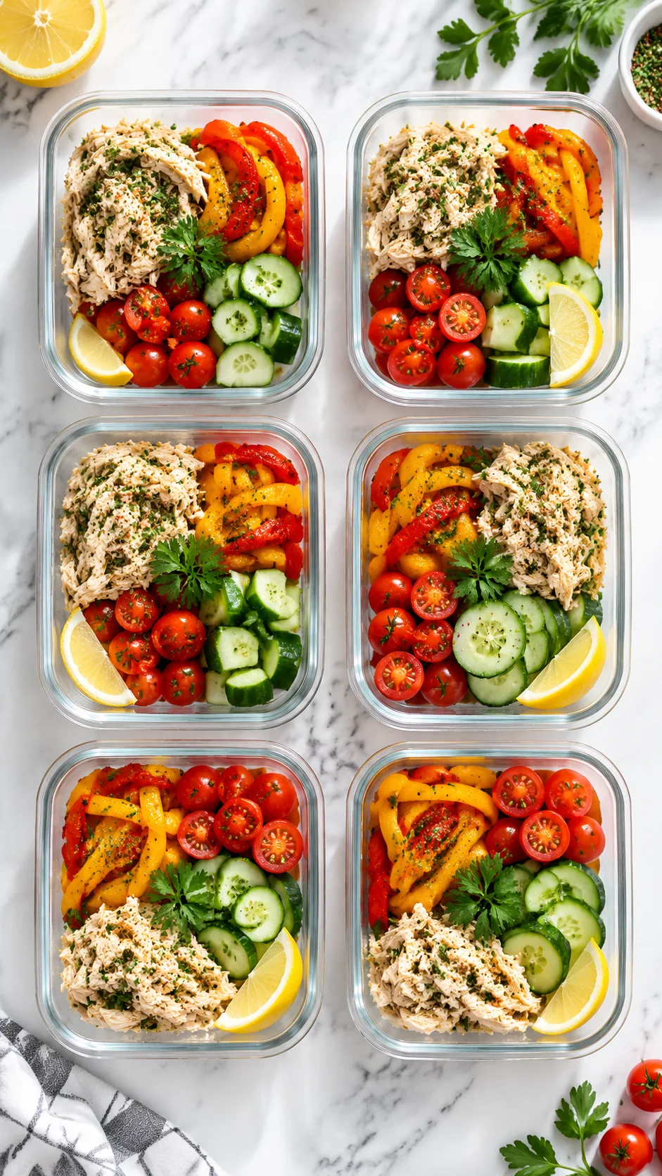 Overhead shot of six glass meal prep containers on a white marble counter, each filled with colorful ingredients: shredded chicken, roasted peppers, cherry tomatoes, cucumber, lemon wedges, fresh herbs, bright natural light, food photography