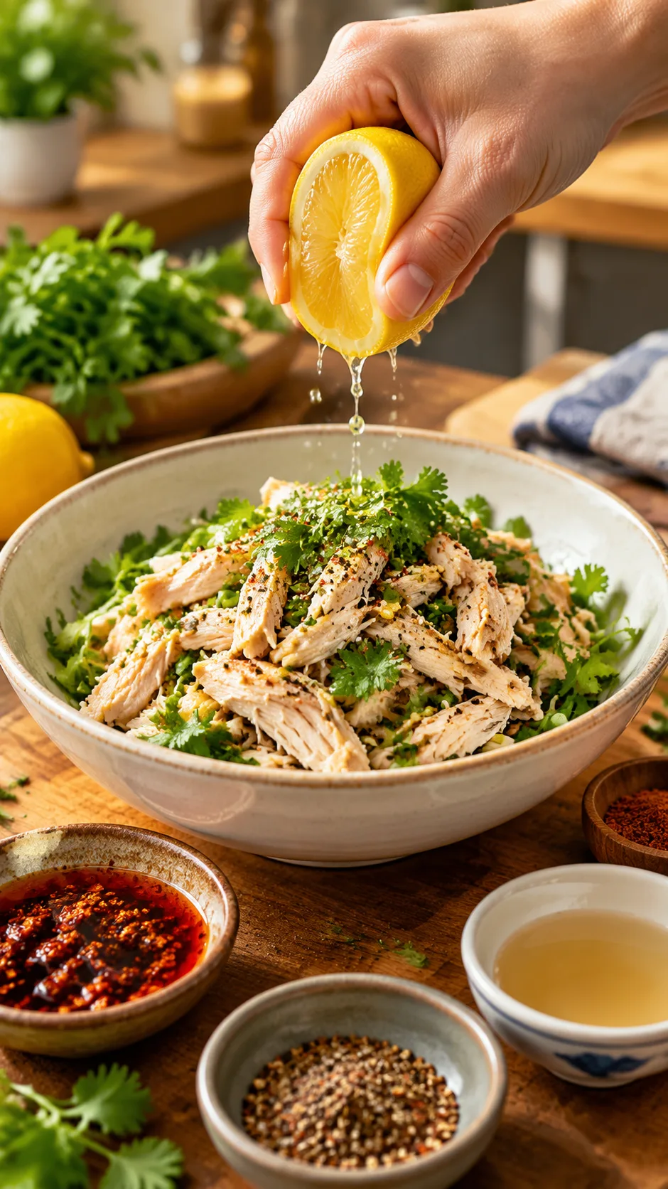 Close-up of a hand squeezing fresh lemon over a bowl of shredded chicken and chopped herbs, small bowls of spices, chili crisp, and vinegar arranged nearby on a wooden board, warm kitchen lighting