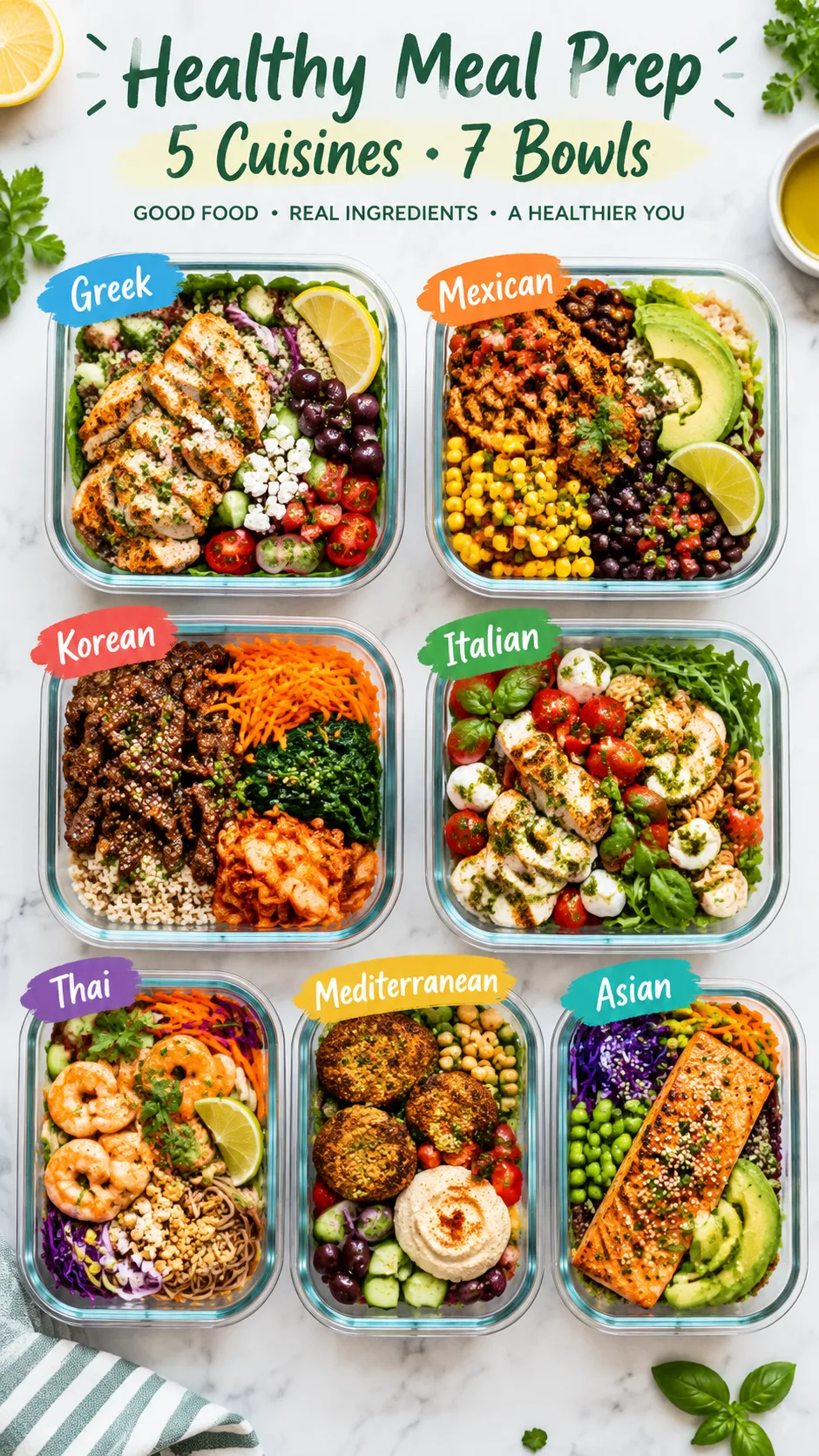 Flat lay of seven different healthy meal prep bowls arranged in a grid, each with a distinct cuisine style - Greek, Mexican, Korean, Italian, Thai - vibrant colors, glass containers, bright overhead natural light